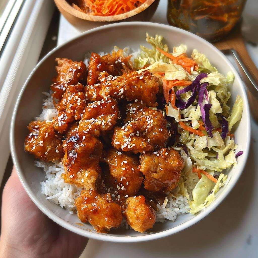 A close-up of a Bang Bang Chicken Bowl featuring crispy chicken tossed in sauce over rice with a side of coleslaw.