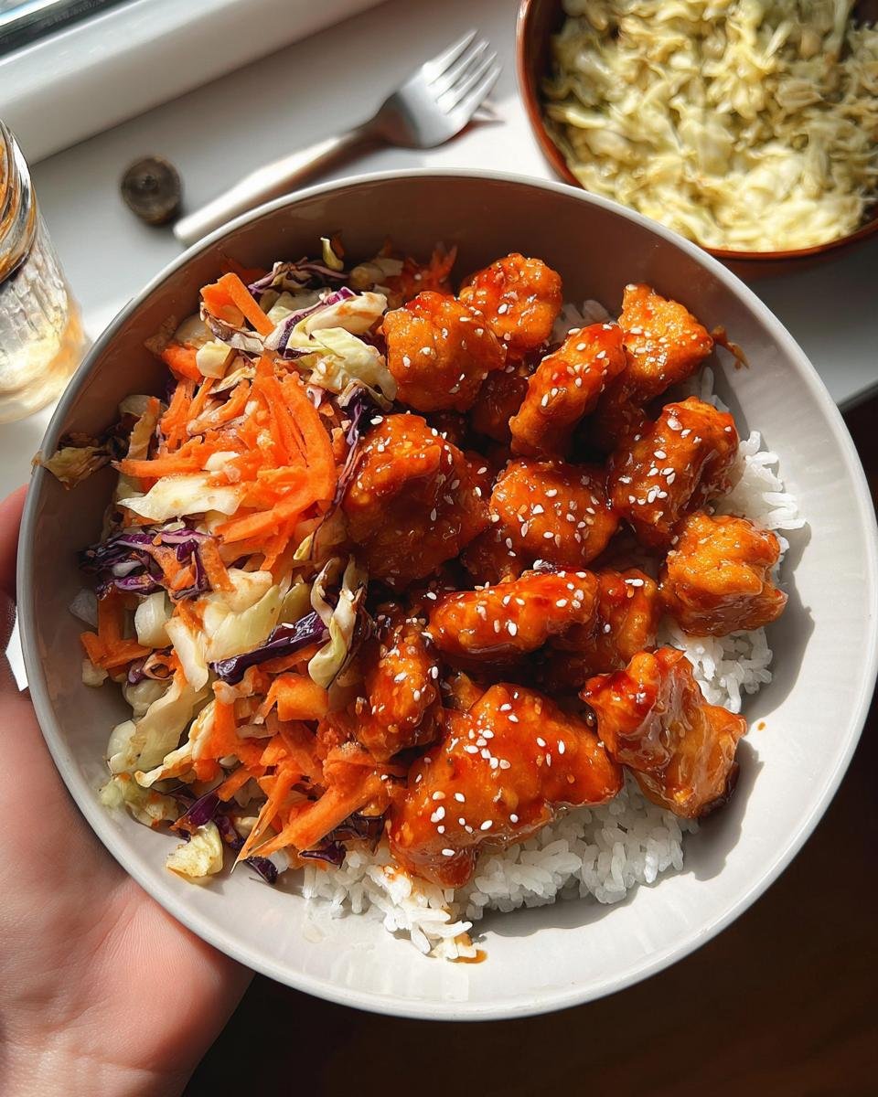 A hand holding a bowl of Bang Bang Chicken Bowl featuring crispy chicken coated in sauce over rice with a side of shredded carrot and cabbage slaw.