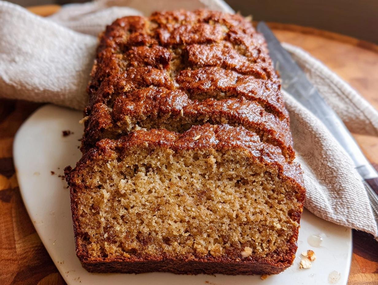 Close-up of a freshly baked, moist banana bread recipe loaf, sliced to show the texture.