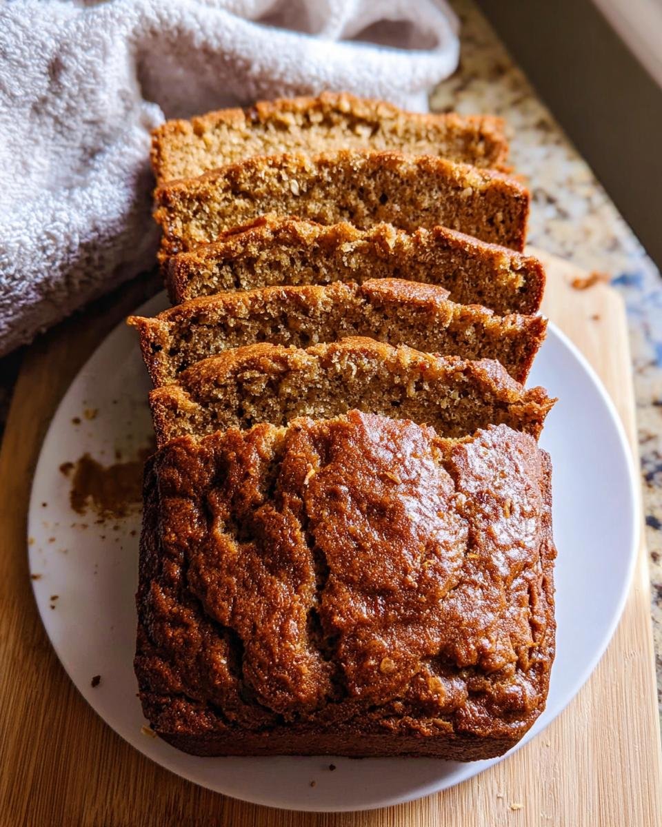 A loaf of moist banana bread recipe, sliced and displayed on a white plate.
