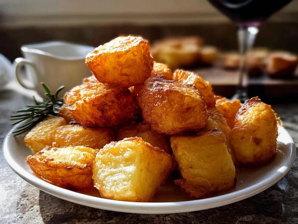 A mound of golden brown, crispy roast potatoes served on a white plate with a sprig of rosemary.