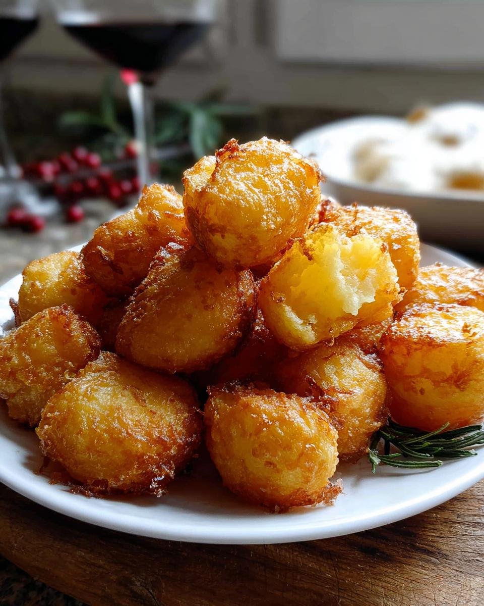 A mound of golden brown, crispy roast potatoes piled high on a white plate, garnished with rosemary.