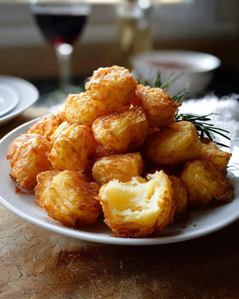 A pile of golden, crispy roast potatoes stacked on a white plate, showing the fluffy interior of one potato.