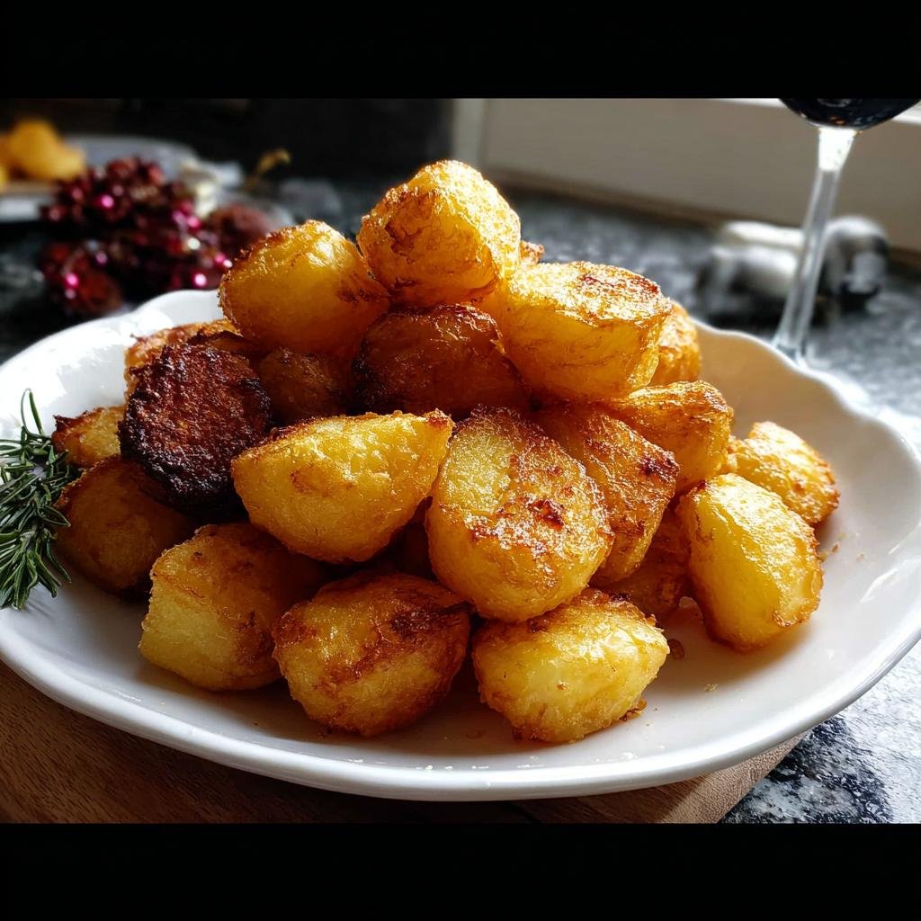 A mound of golden brown, crispy roast potatoes served on a white plate with a sprig of rosemary.