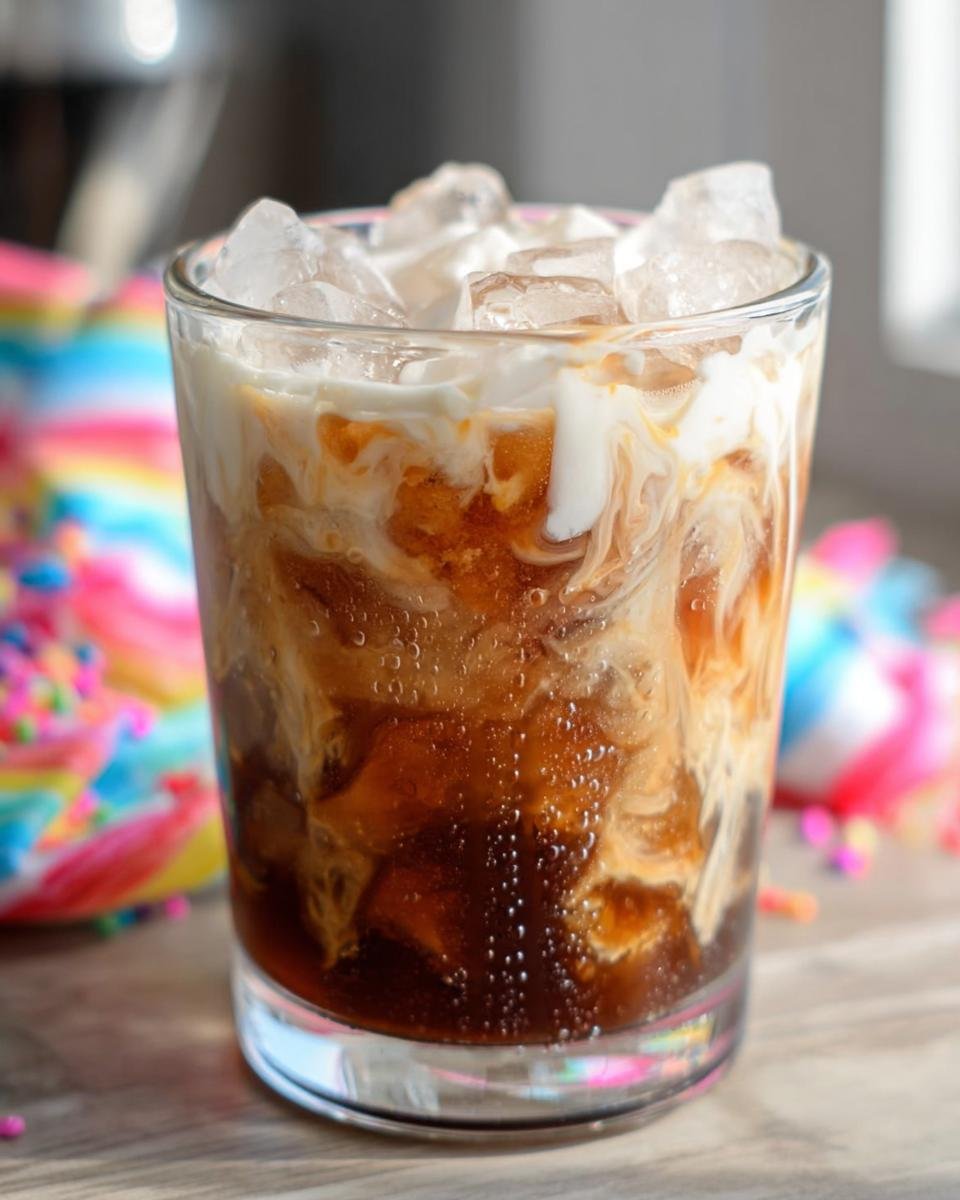 Close-up of a glass featuring a Best Iced Coffee Starbucks Orders creation with dark coffee and swirling cream over ice.