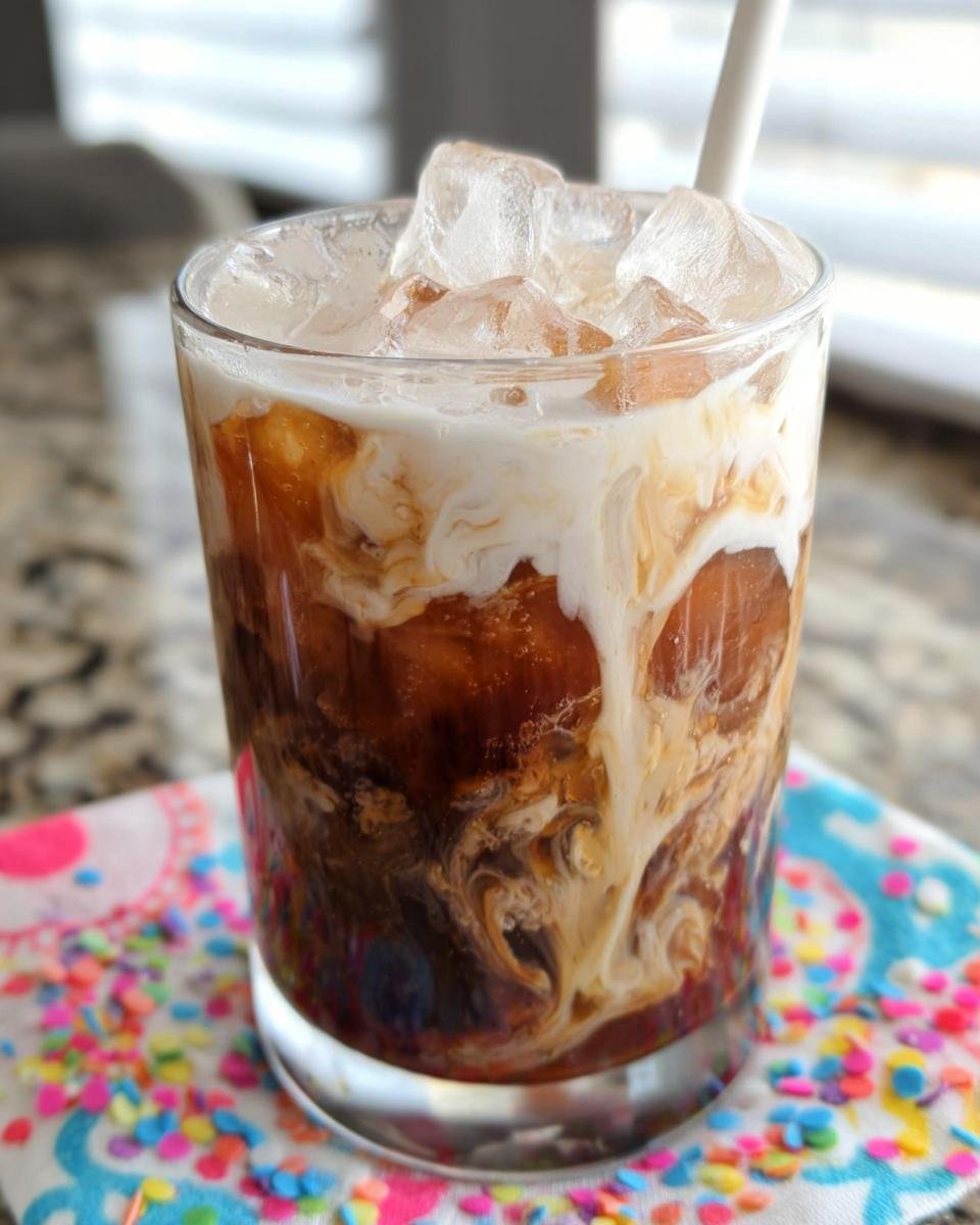 Close-up of a glass showcasing a Best Iced Coffee Starbucks Order with rich coffee and cream swirling over ice cubes.
