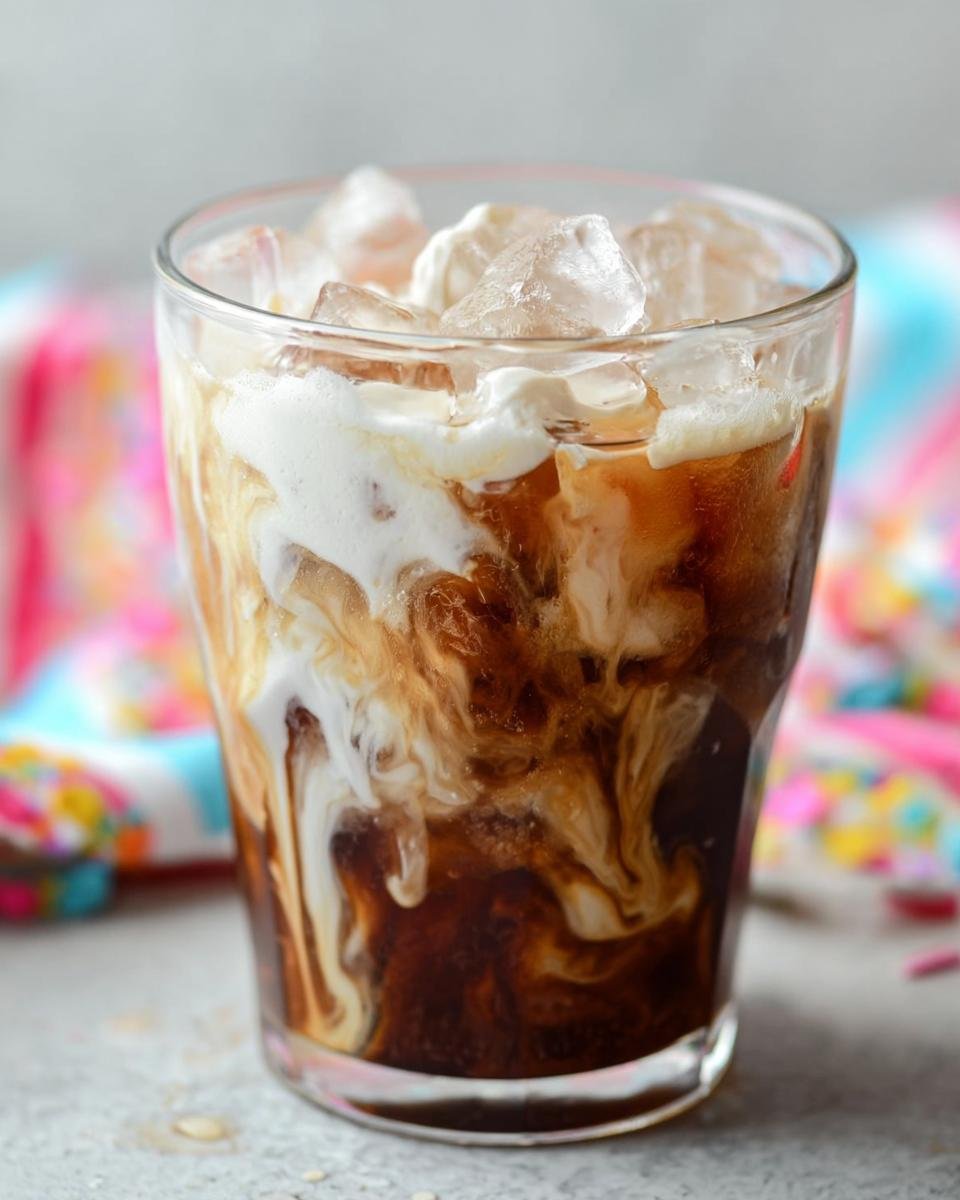 Close-up of a glass filled with ice and dark coffee, showing cream swirling beautifully into the Best Iced Coffee Starbucks Orders.