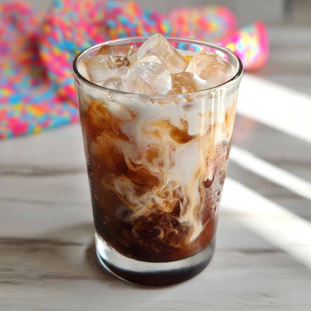 Close-up of an iced coffee Starbucks order with cream swirling dramatically into the dark coffee over ice.