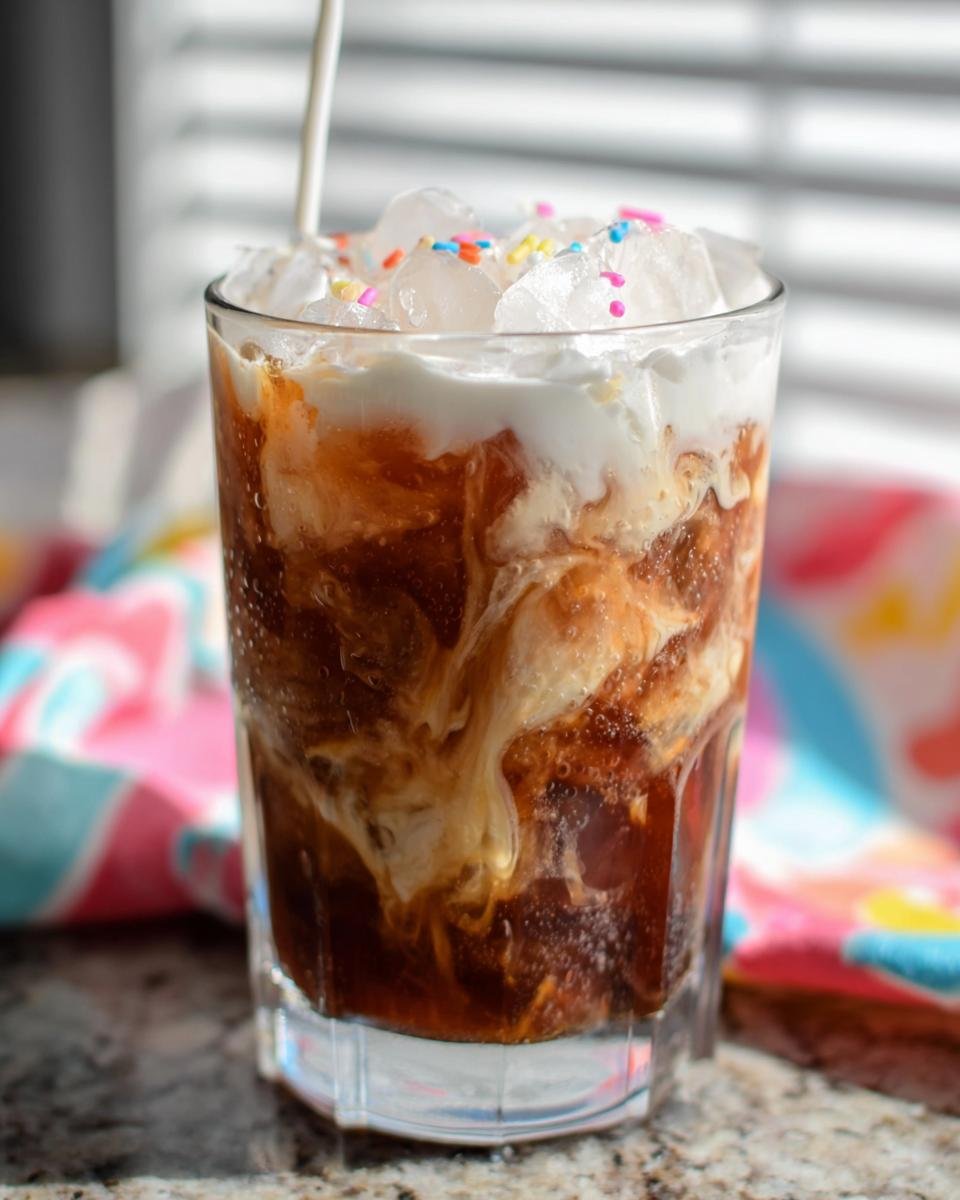 Close-up of a glass filled with iced coffee, cream swirling in, topped with ice and colorful sprinkles.