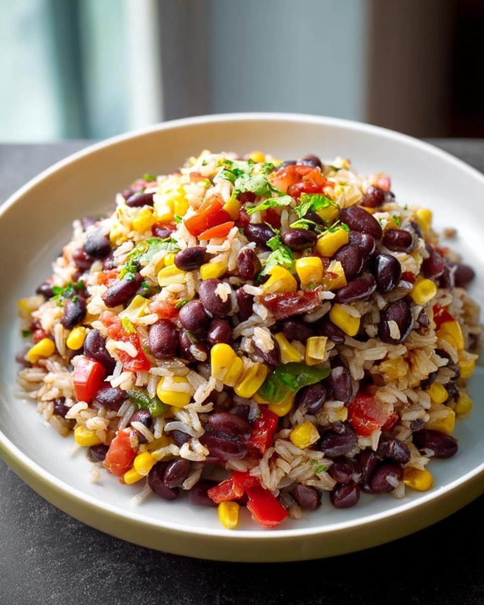 A bowl of black bean and corn rice salad, perfect for Quick Healthy Meals for Weight Balance.
