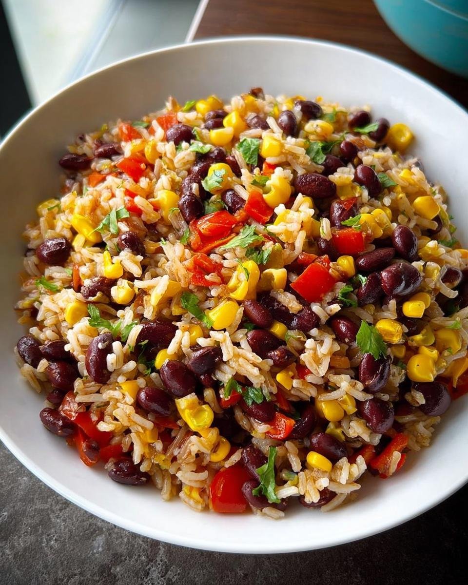 A bowl of black bean and corn rice salad, perfect for Quick Healthy Meals for Weight Balance.