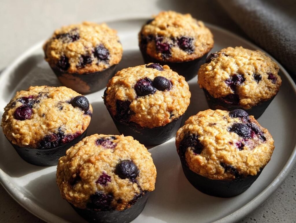 Six freshly baked blueberry oat muffins ready for Clean Eating Meal Prep Made Simple.