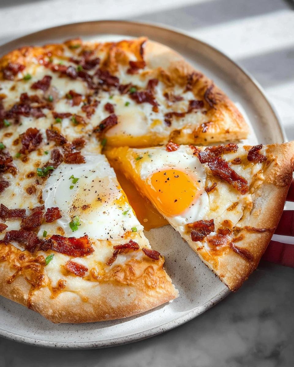 A slice of Breakfast Pizza topped with melted cheese, bacon, and a sunny-side-up egg, perfect for Dorm-Friendly breakfast ideas.