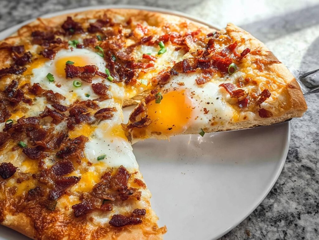 A slice of Breakfast Pizza topped with baked eggs, bacon, and cheese being lifted from the whole pizza.