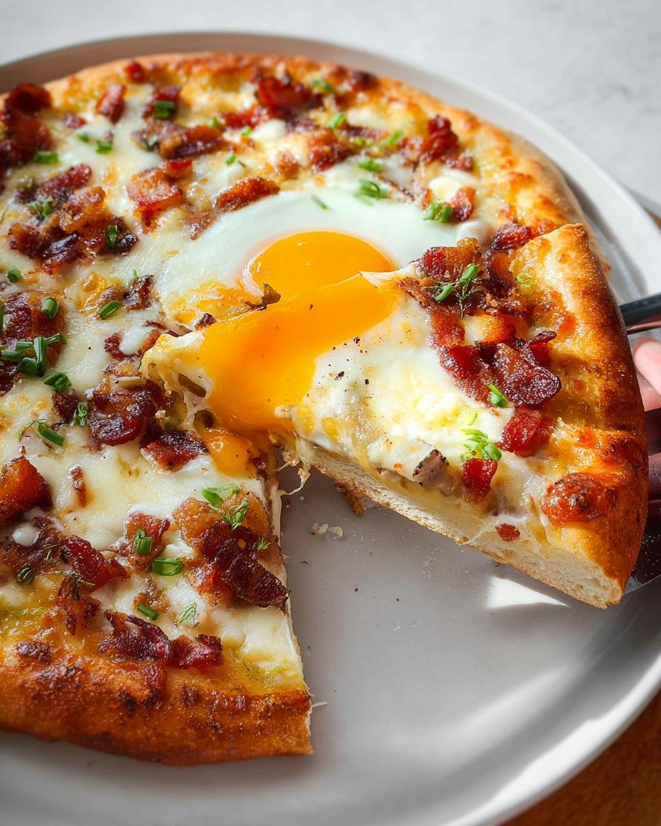 A slice of Breakfast Pizza being lifted, showing a runny egg yolk, bacon bits, and melted cheese.