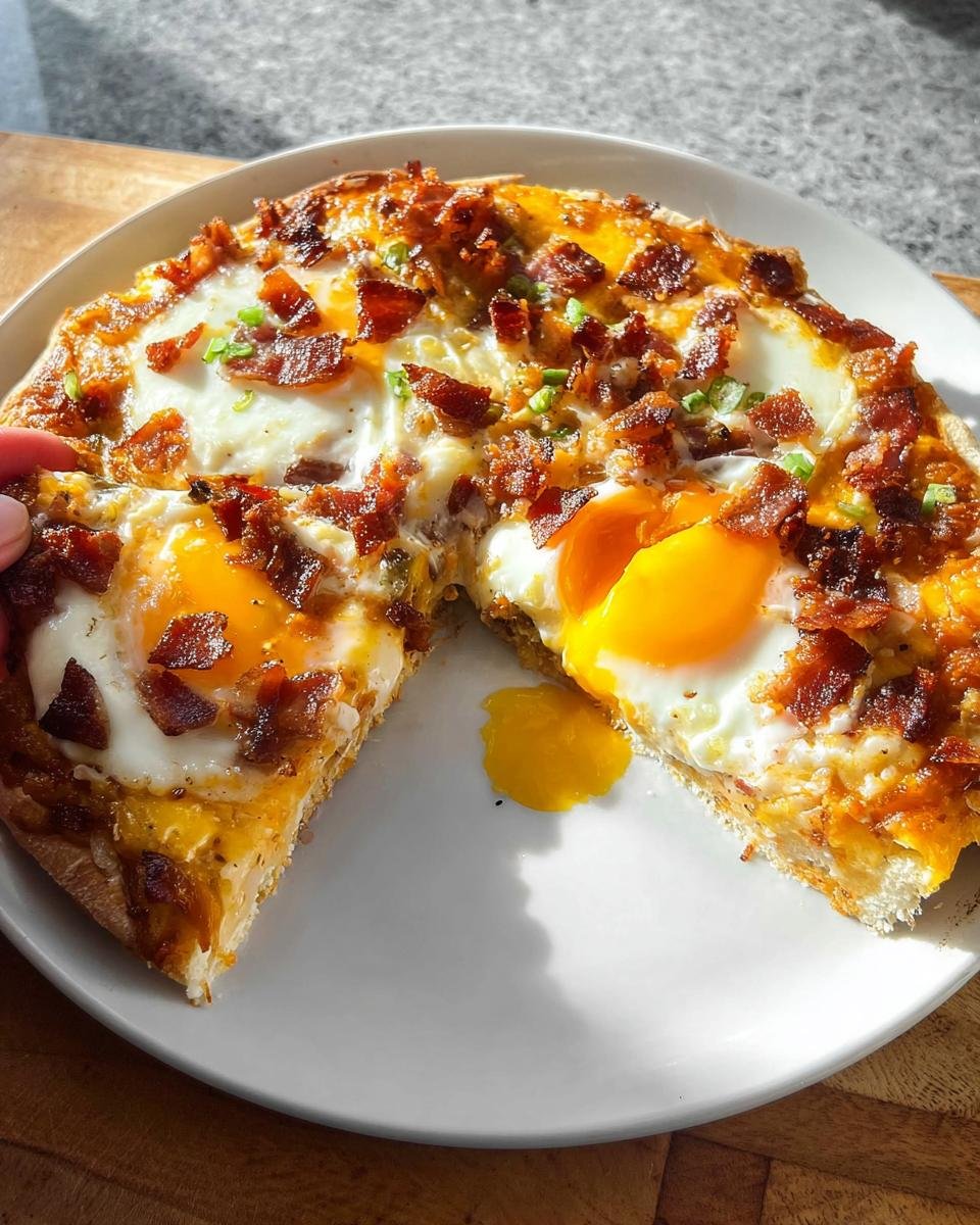 A slice of Breakfast Pizza topped with baked eggs, crispy bacon, and cheese, showing a runny yolk.