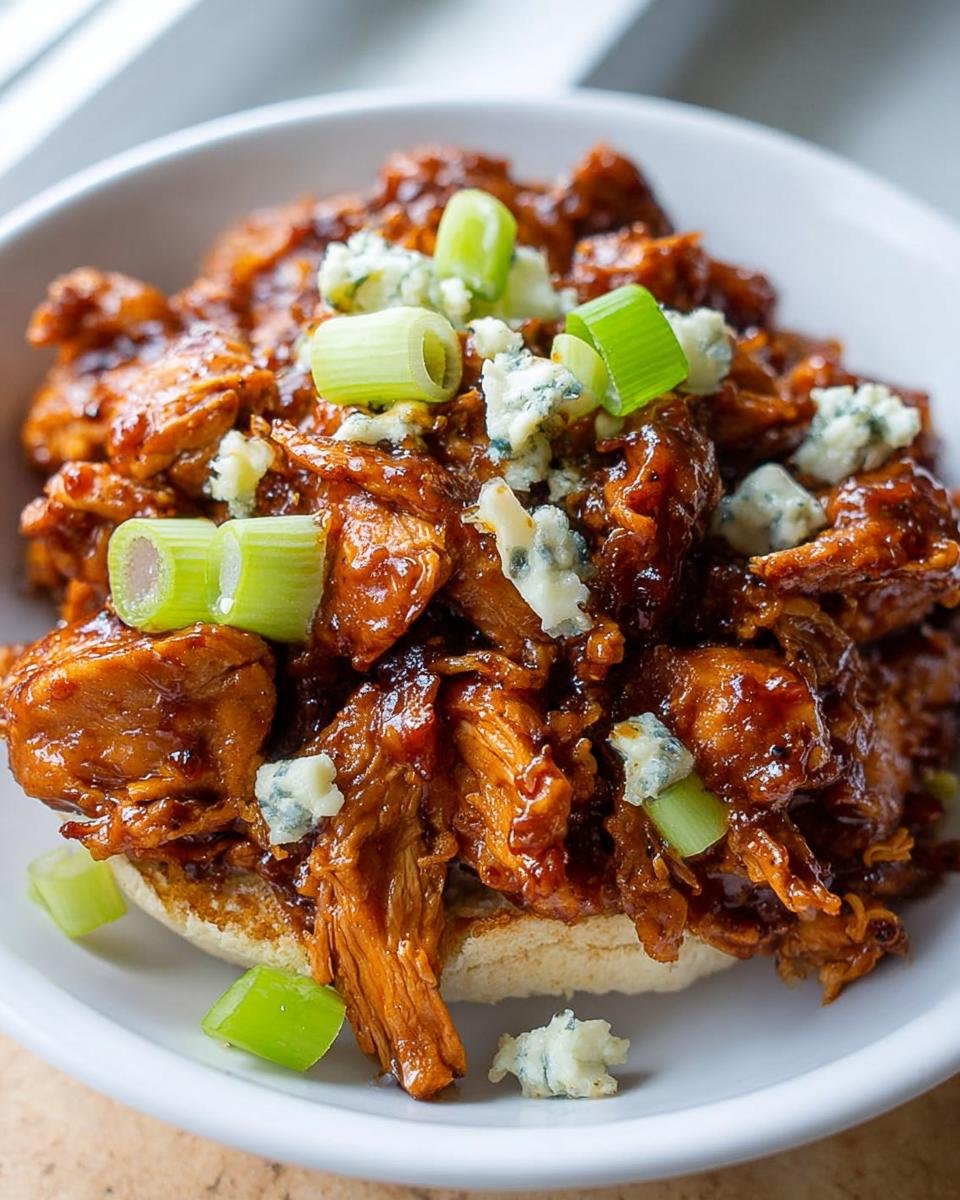 Shredded buffalo chicken thigh recipe piled high on a bun, topped with blue cheese crumbles and green onions.