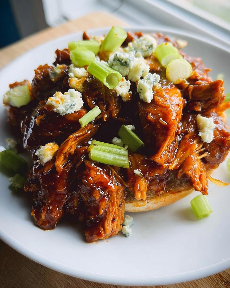 Shredded buffalo chicken thigh meat piled high on a bun, topped with blue cheese crumbles and chopped celery.