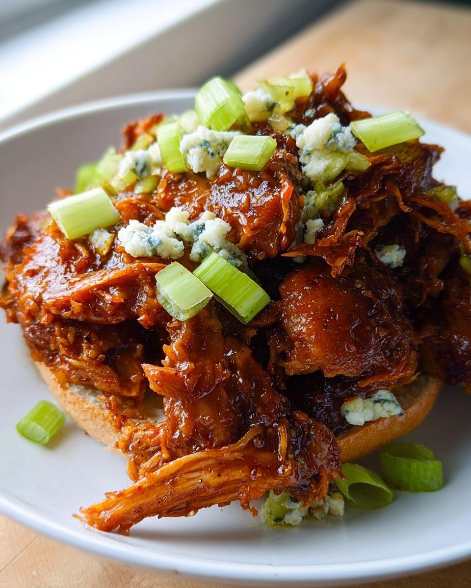 Shredded buffalo chicken thigh meat piled high on a bun, topped with blue cheese crumbles and celery.