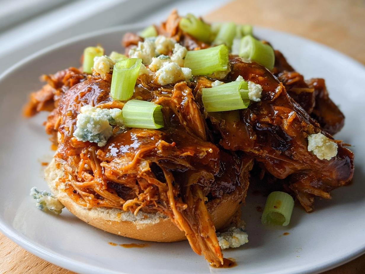 Shredded buffalo chicken thigh meat piled on a bun, topped with blue cheese crumbles and sliced green onions.
