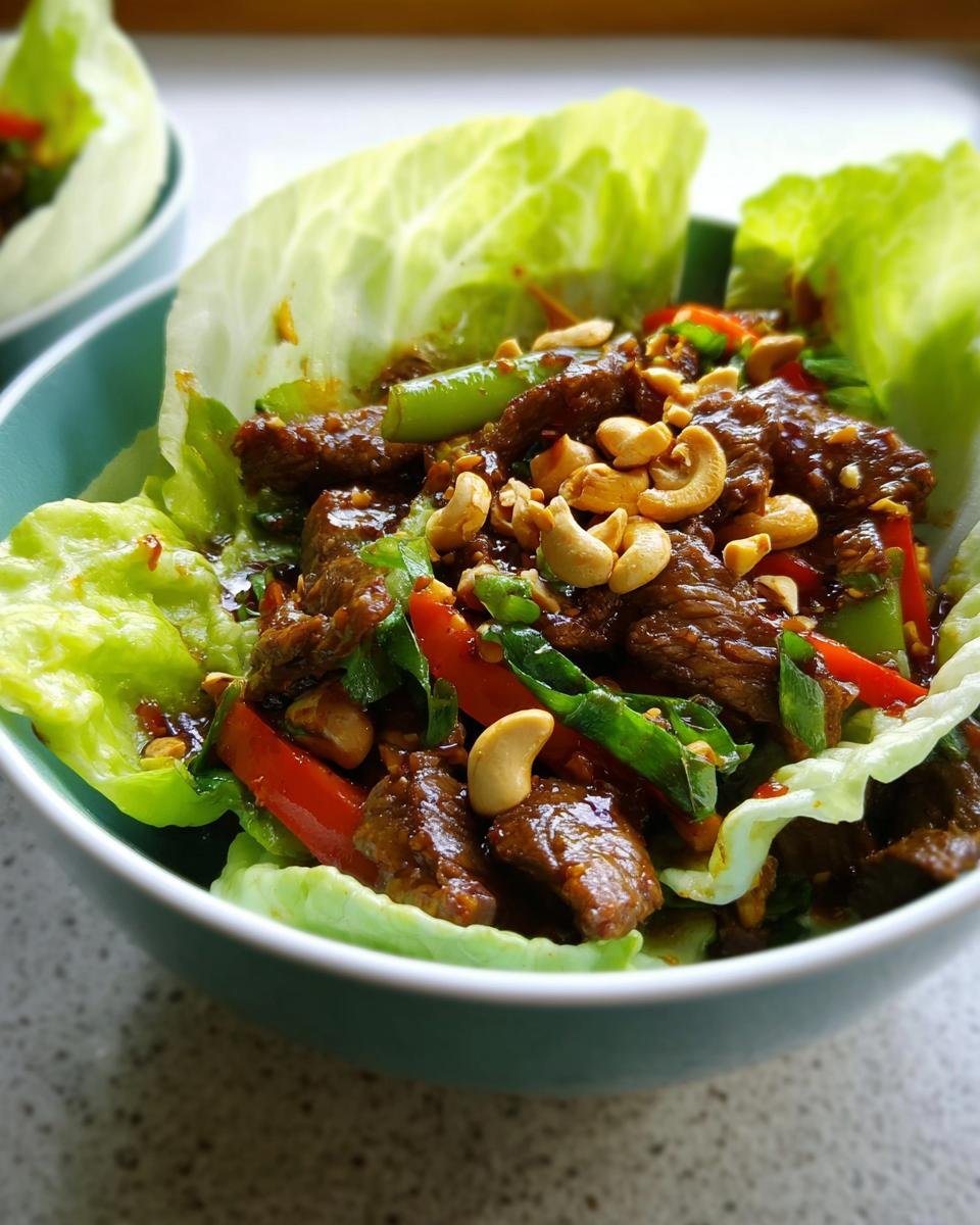 Close-up of cashew beef stir-fry served in crisp lettuce cups, a great example of Simple Low-Carb Dinner Ideas.