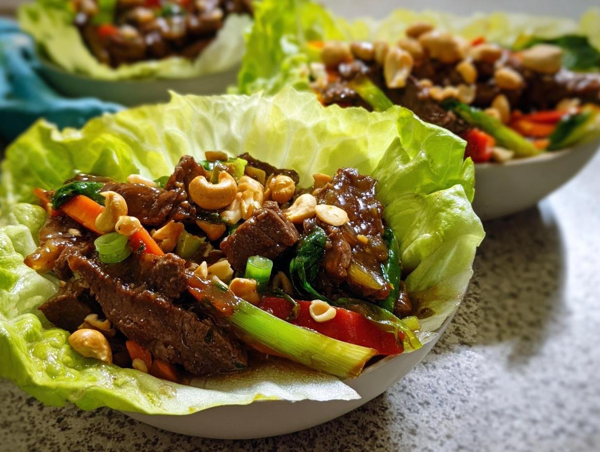 Close-up of cashew beef stir-fry served in crisp lettuce cups, a great example of Simple Low-Carb Dinner Ideas.
