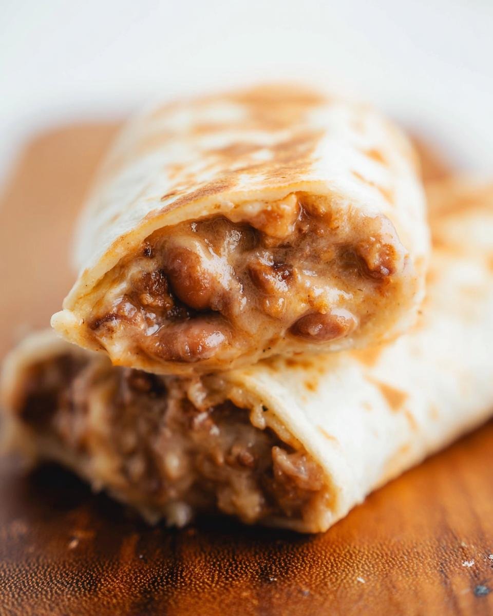 Close-up of a cheesy bean burrito cut in half, showing the creamy filling, perfect for Easy Healthy Dinner Recipes.