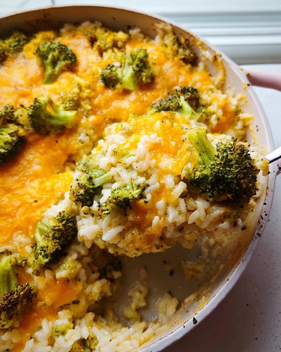 A spoonful being lifted from a baked Cheesy Broccoli Rice Casserole topped with melted cheddar cheese and bright green broccoli florets.