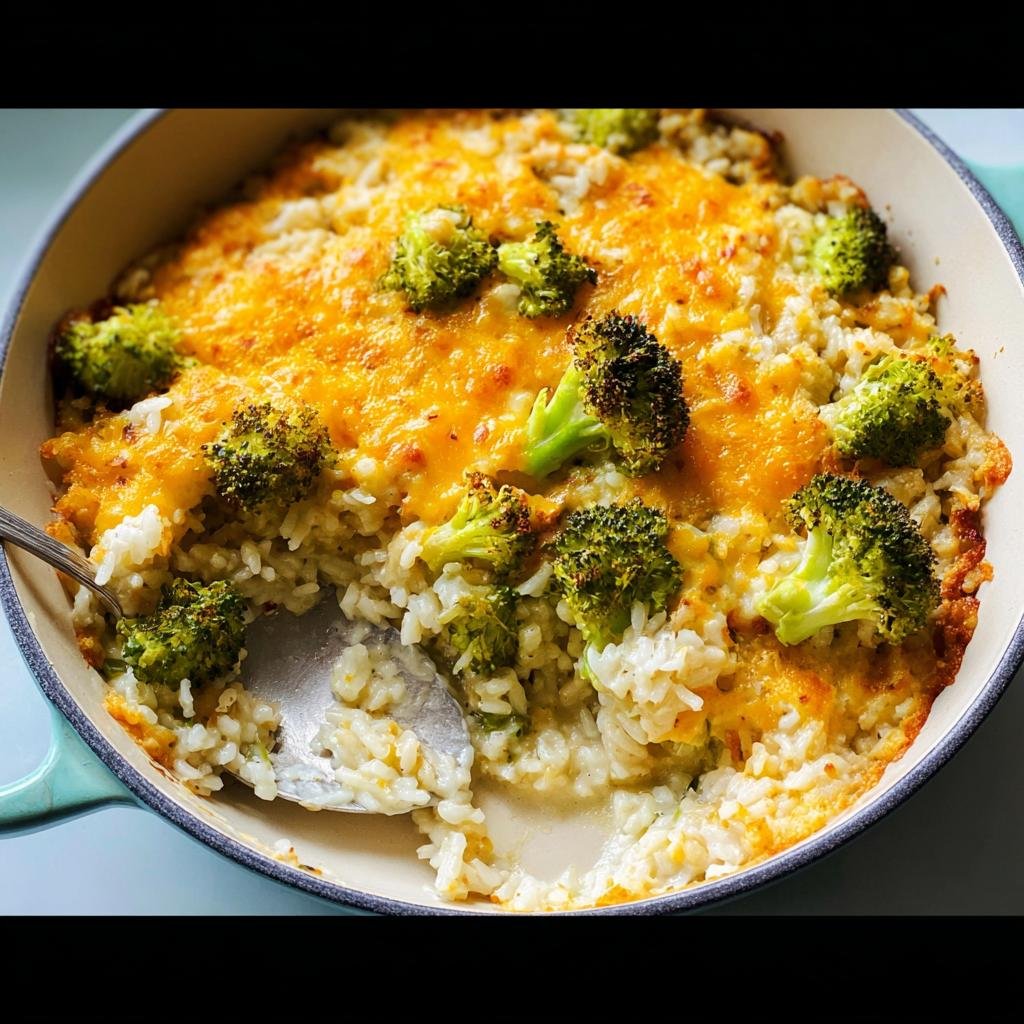 A spoonful being taken from a baked Cheesy Broccoli Rice Casserole topped with melted cheddar cheese and broccoli florets.