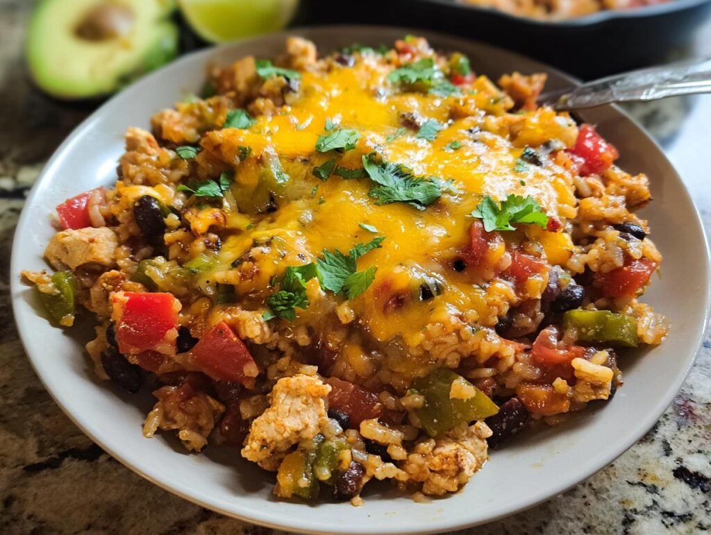A serving of cheesy chicken and rice casserole topped with melted cheddar and cilantro, a great example of Healthy Chicken Dinner Recipes.