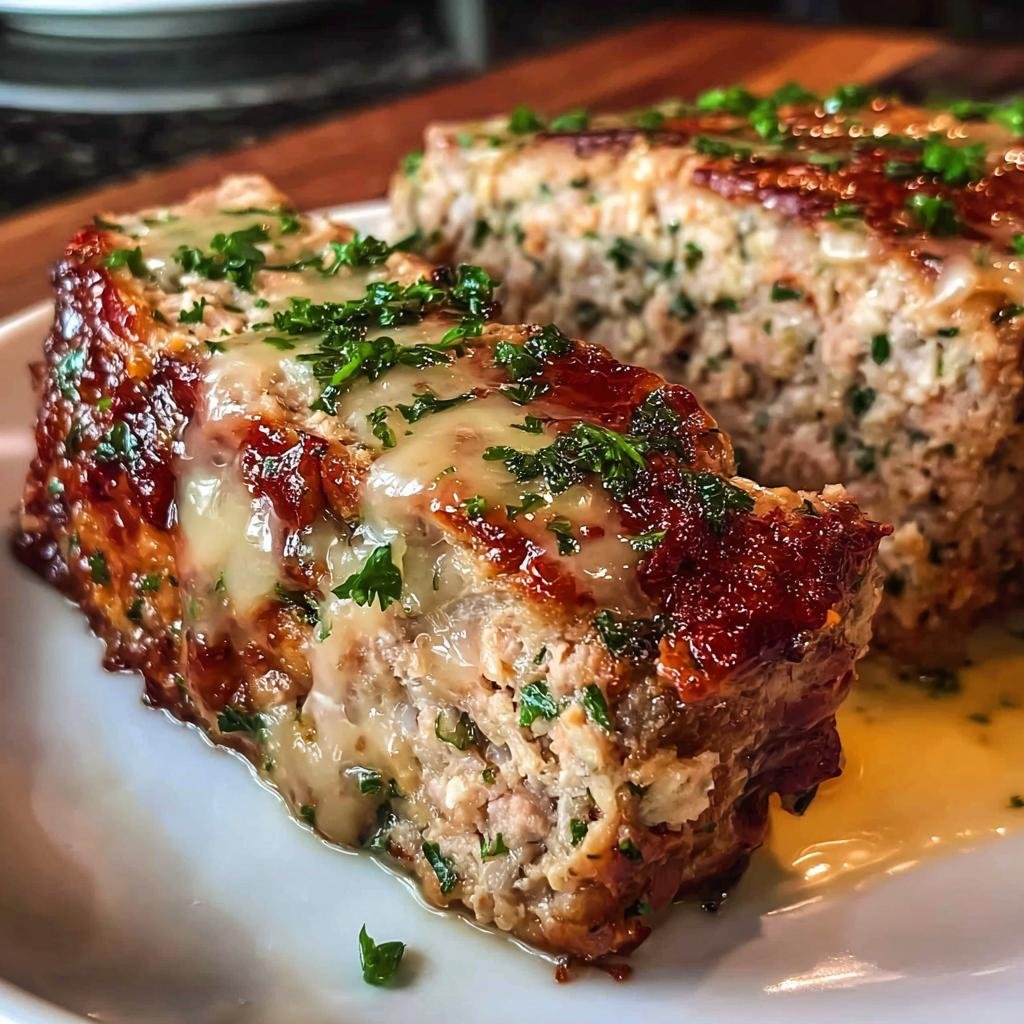 Close-up of a slice of cheesy meatloaf topped with melted cheese and fresh parsley, part of Healthy Meals You Can Prep in Under 1 Hour.