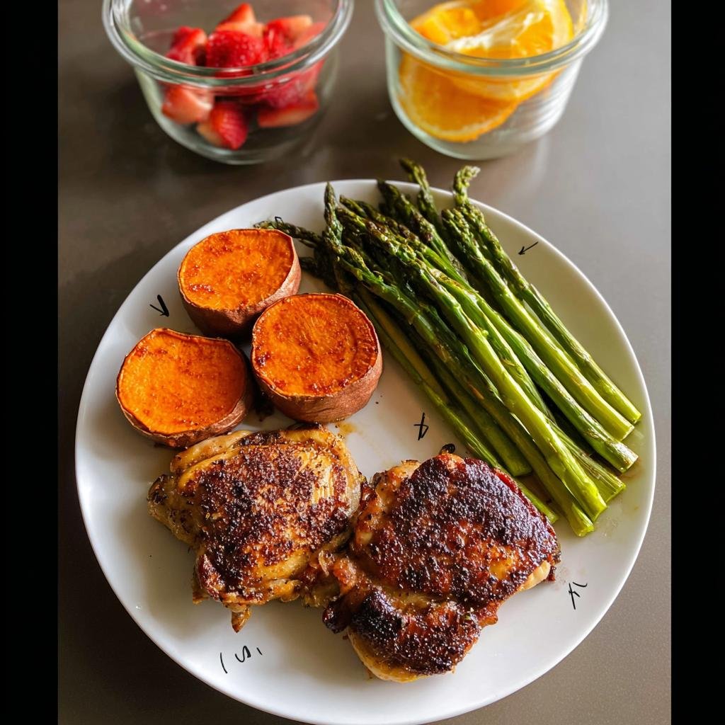 A plate featuring seasoned chicken thighs, roasted sweet potatoes, and steamed asparagus, part of a 5-Day Clean Eating Meal Plan.