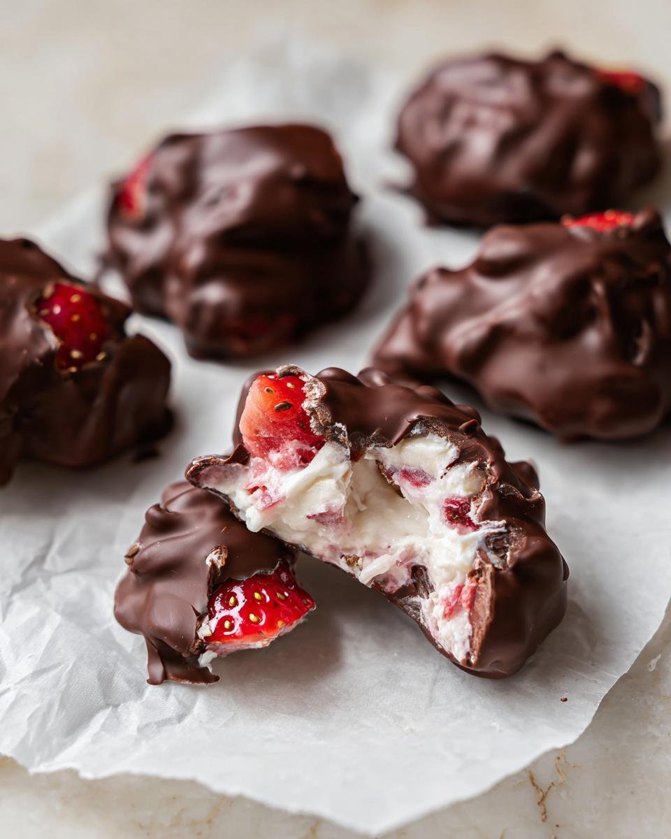 One piece of Chocolate-Covered Strawberry Yogurt Bark is broken in half showing creamy yogurt and strawberry pieces inside the chocolate shell.