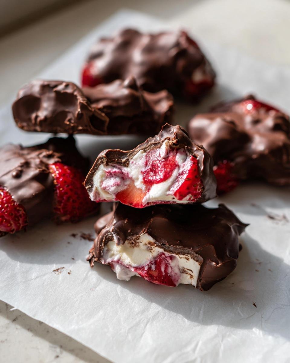 Close-up of broken pieces of Chocolate-Covered Strawberry Yogurt Bark showing the creamy yogurt and strawberry filling inside the dark chocolate shell.