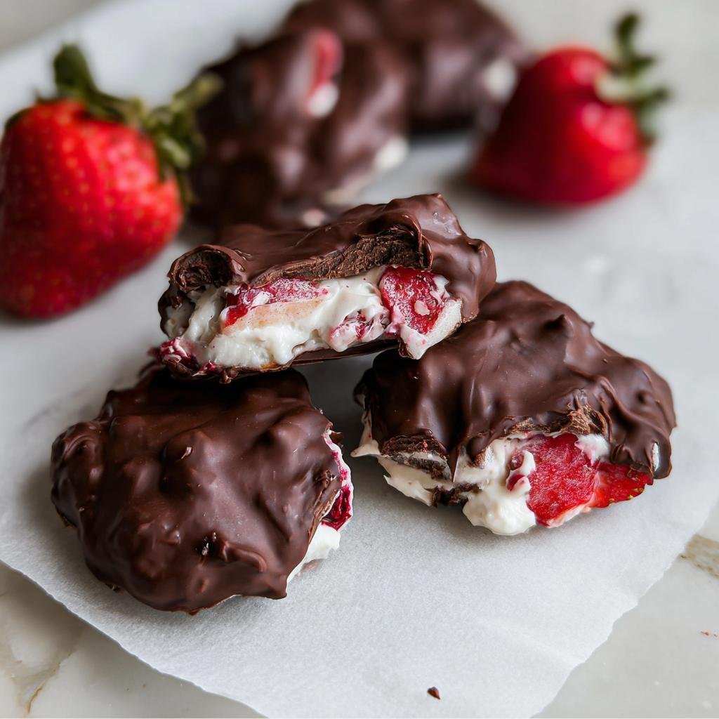 Close-up of Chocolate-Covered Strawberry Yogurt Bark broken open, showing creamy yogurt and red strawberries inside a dark chocolate shell.