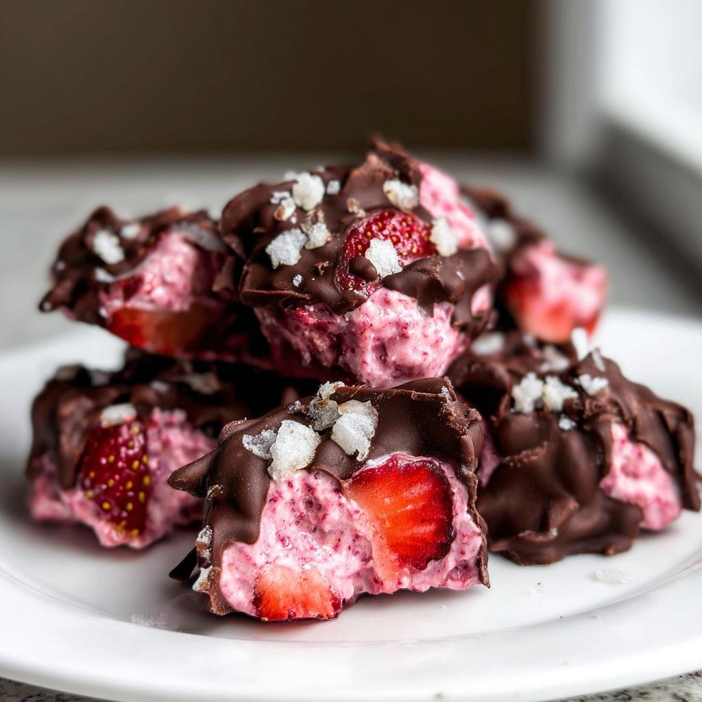 Close-up of broken pieces of Chocolate-Covered Strawberry Yogurt Bark showing pink strawberry yogurt filling and chocolate coating.