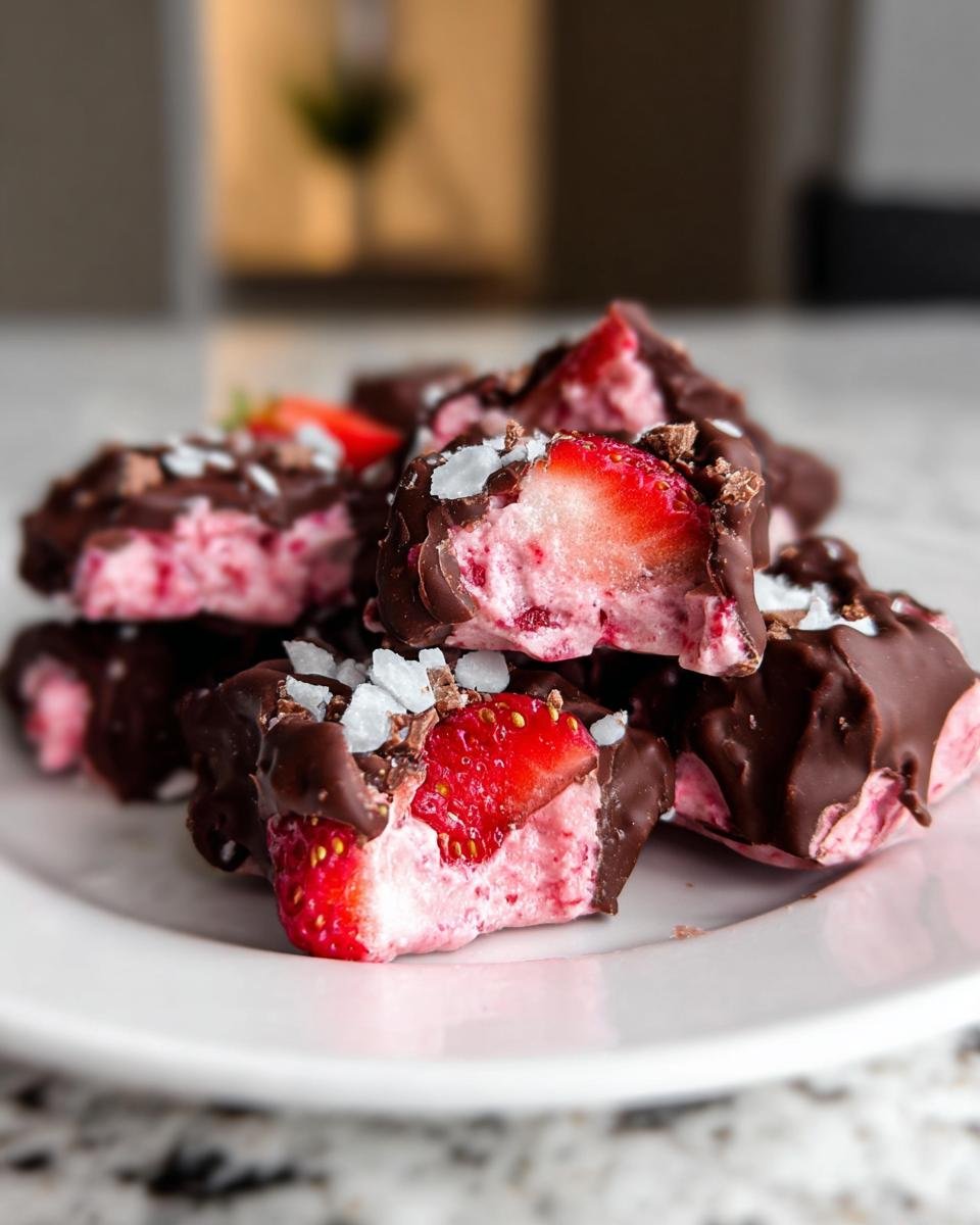 Close-up of broken pieces of Chocolate-Covered Strawberry Yogurt Bark on a white plate.