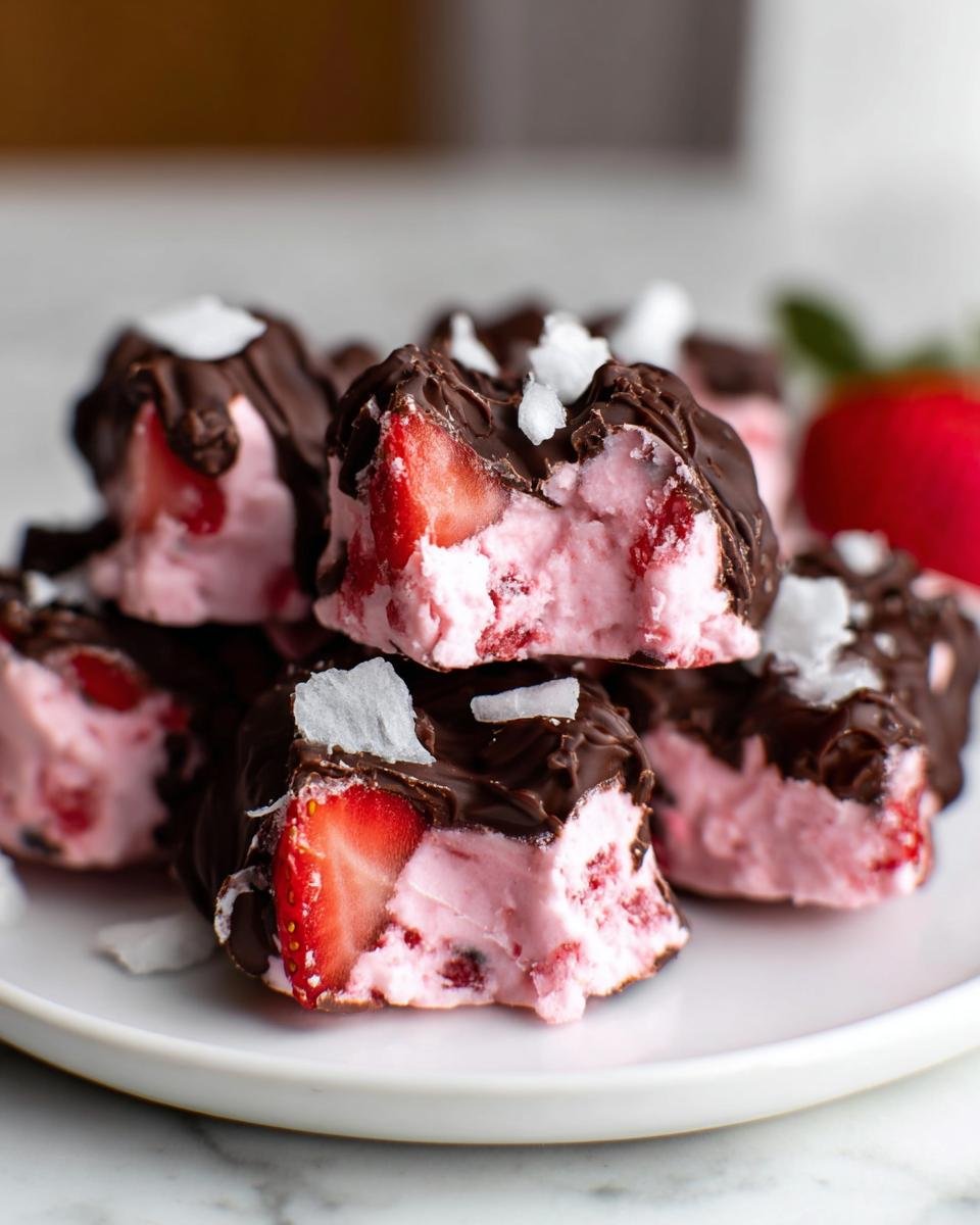 Close-up of stacked pieces of Chocolate-Covered Strawberry Yogurt Bark, showing pink strawberry yogurt interior and dark chocolate coating.