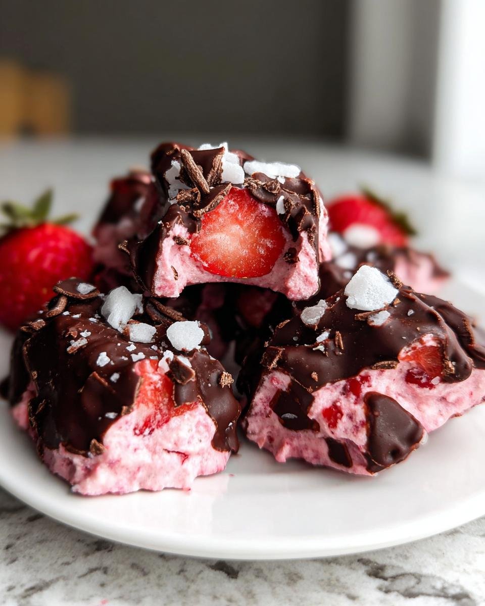 Close-up of broken pieces of Chocolate-Covered Strawberry Yogurt Bark showing the pink yogurt and strawberry center, topped with chocolate and sea salt.