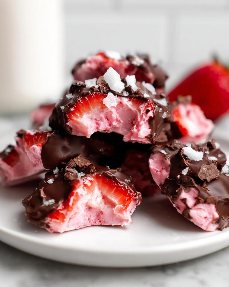Close-up of pieces of Chocolate-Covered Strawberry Yogurt Bark, showing the pink yogurt filling and chocolate coating.