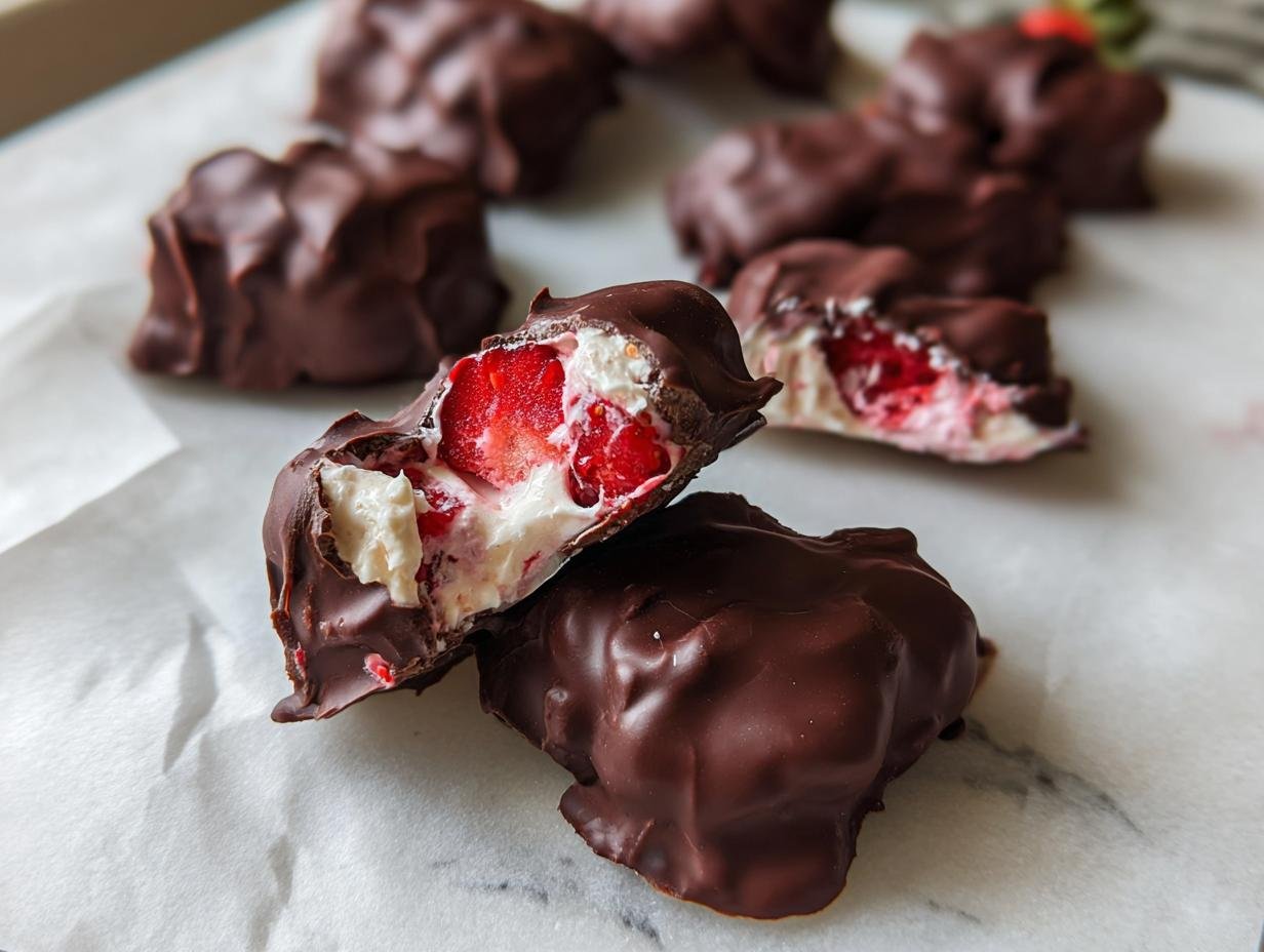 Close-up of Chocolate-Covered Strawberry Yogurt Bark pieces, one cut open showing strawberries and white yogurt filling.