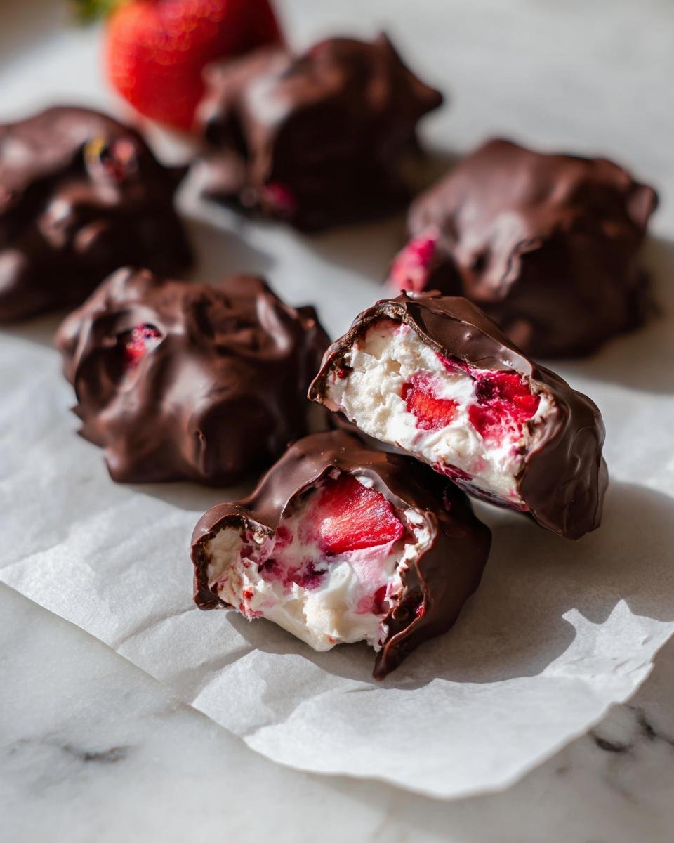 Close-up of Chocolate-Covered Strawberry Yogurt Bark pieces, one cut open showing yogurt and strawberries.