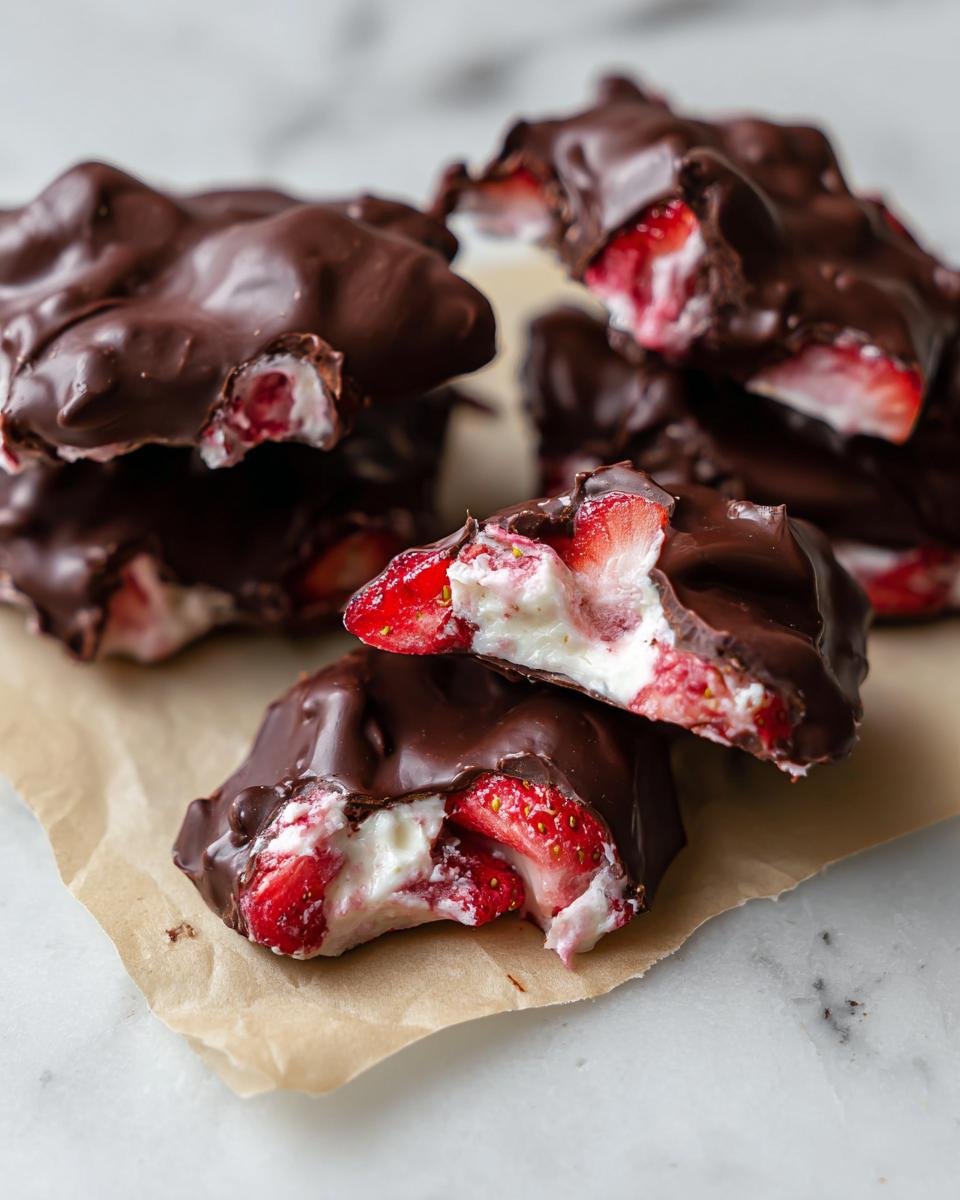 Close-up of broken Chocolate-Covered Strawberry Yogurt Bark showing creamy yogurt and red strawberries inside dark chocolate shell.