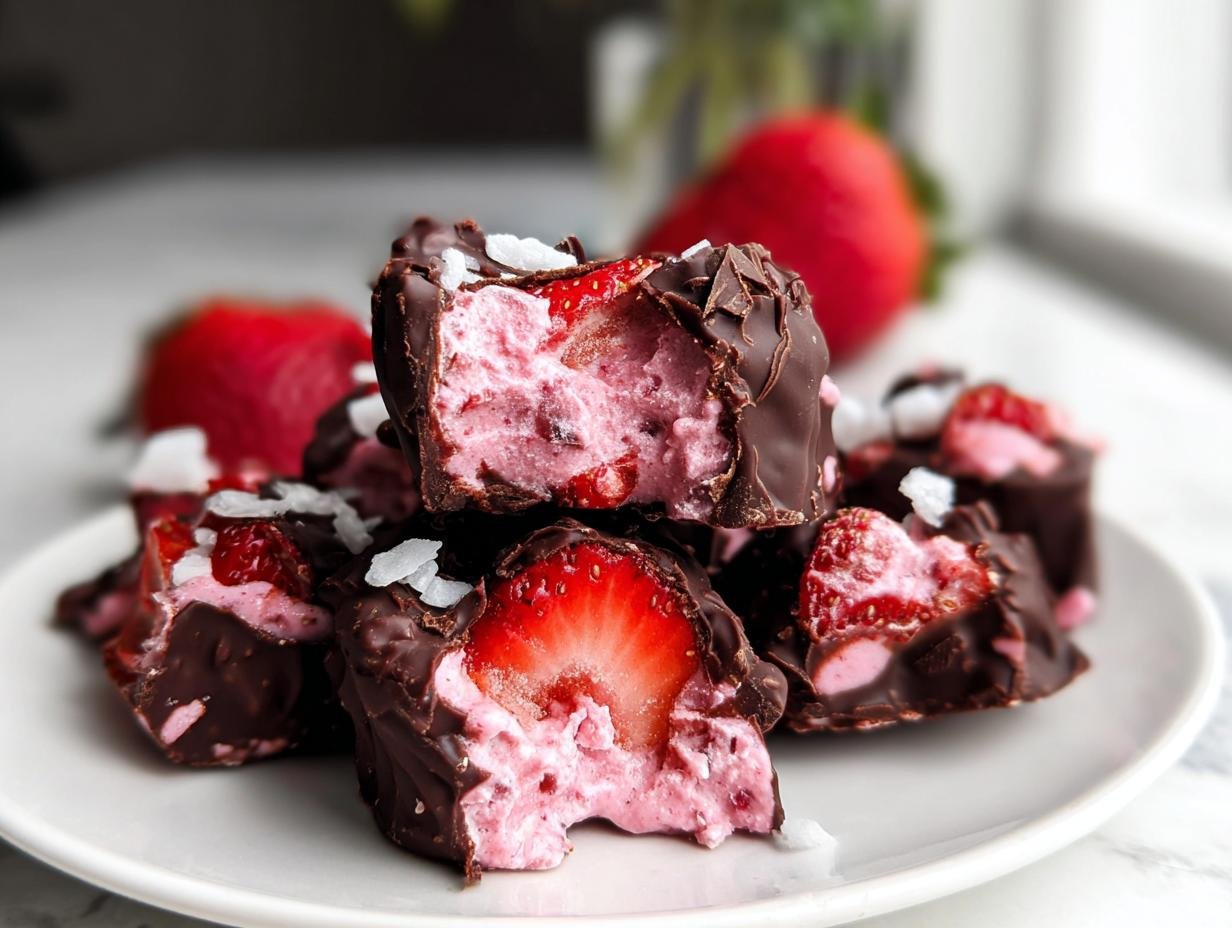 Close-up of broken pieces of Chocolate-Covered Strawberry Yogurt Bark stacked on a white plate.