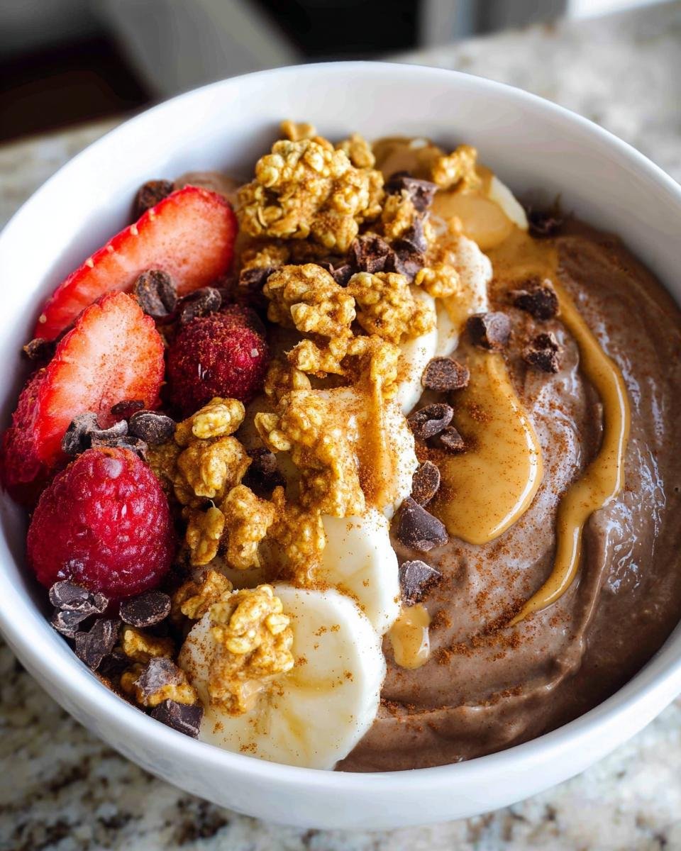 Close-up of a chocolate High-Protein Greek Yogurt Breakfast Bowl topped with banana, berries, granola, and peanut butter.