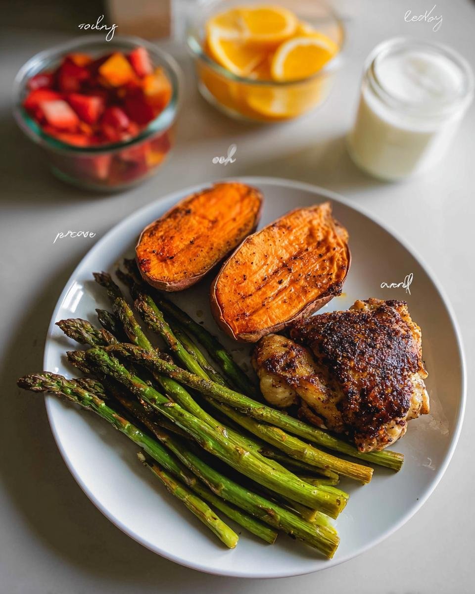 A plate featuring seasoned chicken, roasted sweet potatoes, and asparagus, part of a 5-Day Clean Eating Meal Plan.