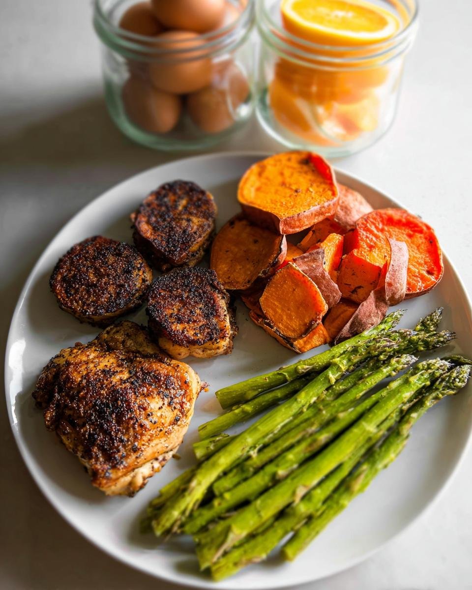 Plate featuring seasoned chicken thighs, roasted sweet potatoes, and bright green asparagus, part of a 5-Day Clean Eating Meal Plan.