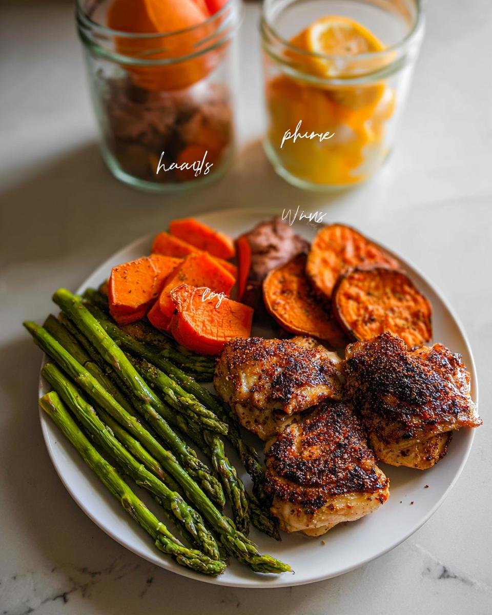 Plate featuring seasoned chicken thighs, roasted sweet potatoes, and bright green asparagus, part of a 5-Day Clean Eating Meal Plan.