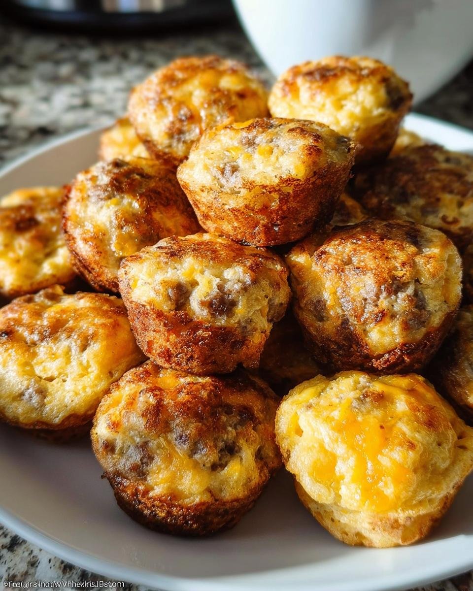 A pile of golden brown, muffin-shaped Copycat McGriddle Bites featuring sausage and melted cheddar cheese.