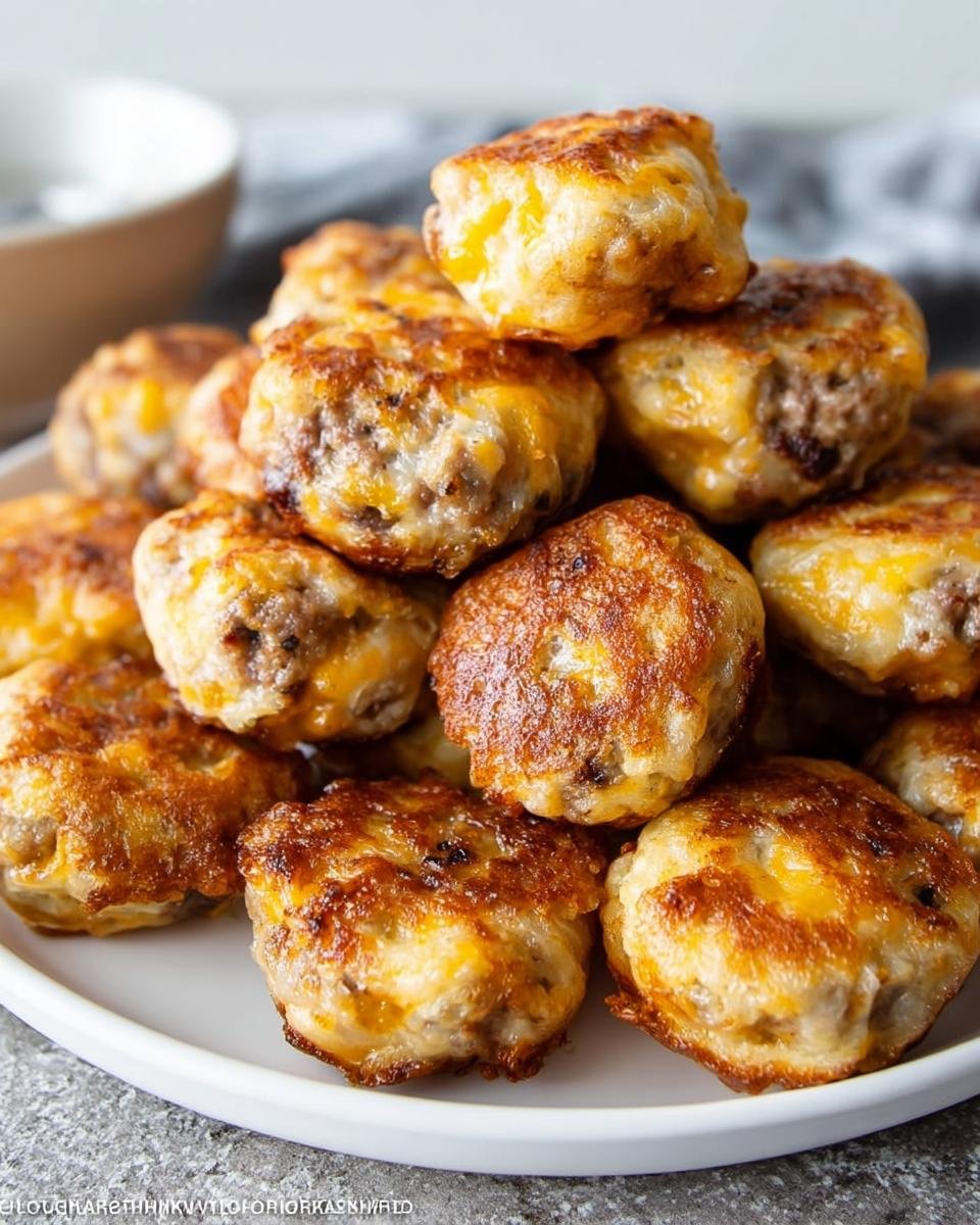 A mound of golden-brown, cheesy sausage patties resembling Copycat McGriddle Bites stacked on a white plate.